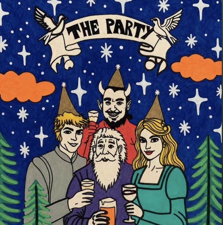 The Party artwork: four fantastical partygoers beneath a banner, surrounded by stars and trees